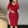Damen-Etuikleid, aushöhlen, plissiert, tiefer V-Ausschnitt, einfarbig, knielang, figurbetont, eng, elastisch, weich, Party, Club, Minikleid
