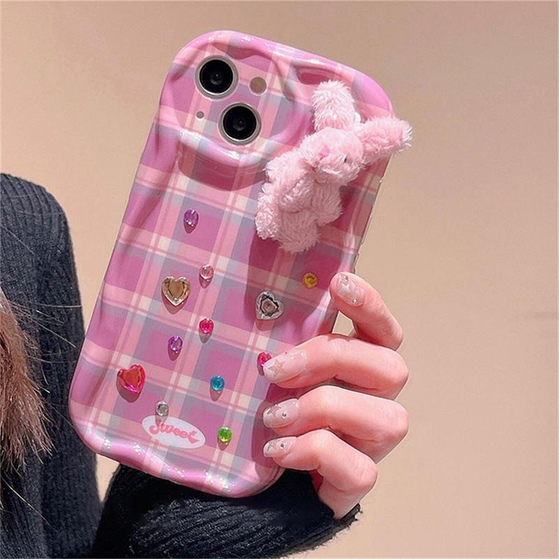 Korejský roztomilý mřížkový vzor diamantové srdce pouzdro pro iPhone 14 13 12 11 Pro Max 3d plyšový krásný králík nárazuvzdorný měkký kryt Funda