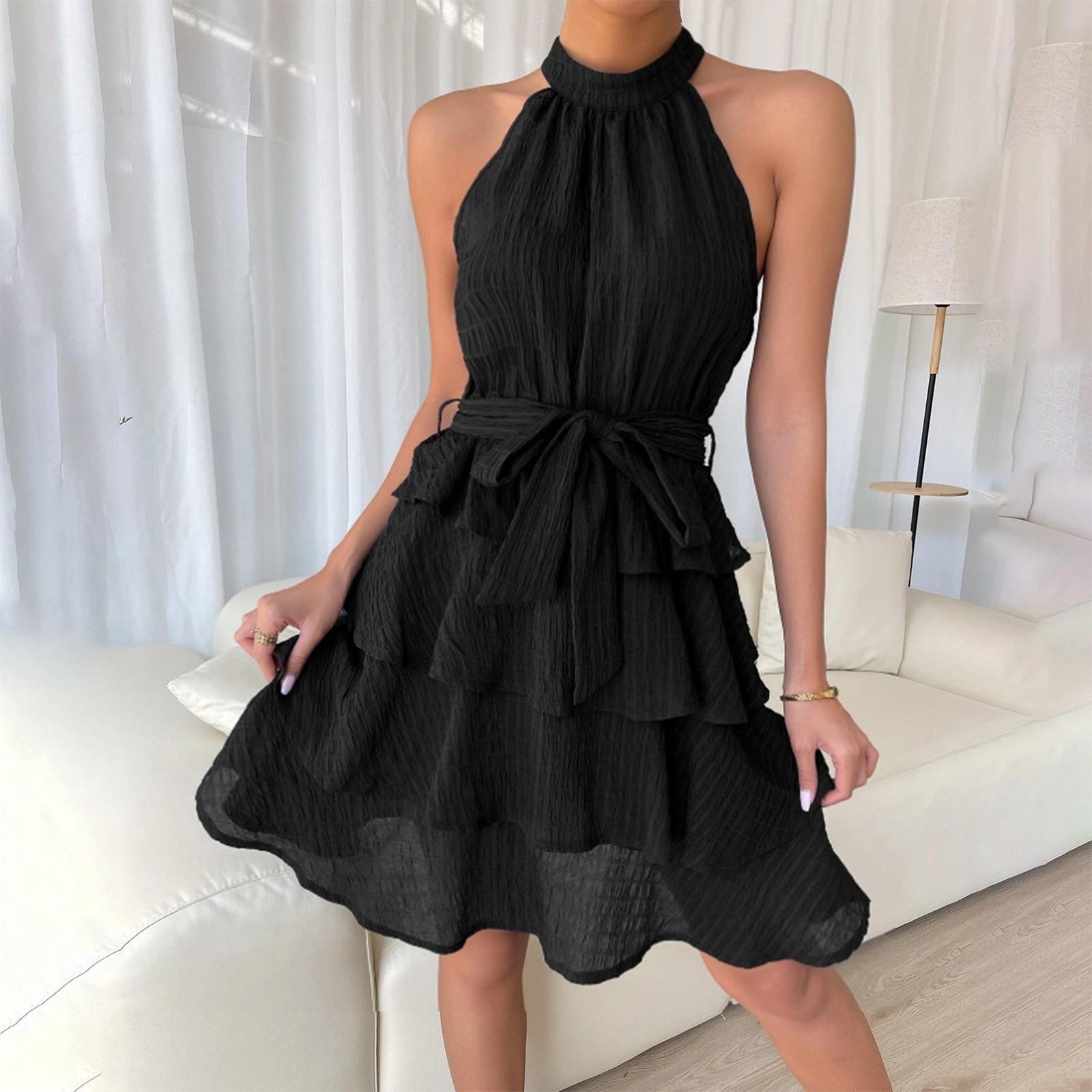 

Женское повседневное модное сексуальное однотонное удобное и классное платье с поясом и круглым вырезом L чёрный