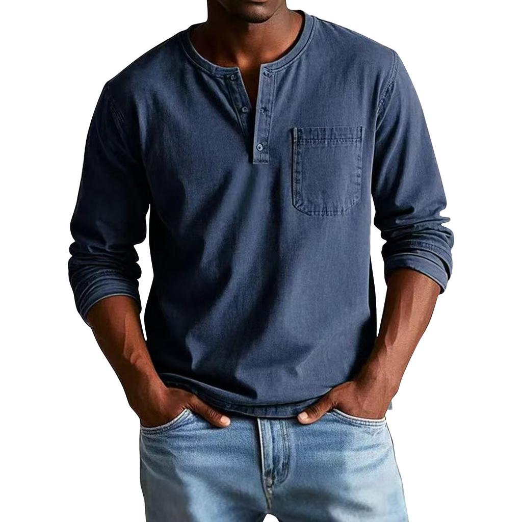 Men's Solid Color Distressed Button Collar Long Sleeve Tops Men's Casual Fashion Tops