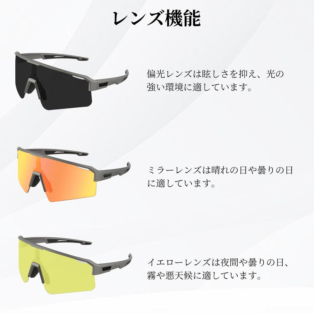 FOCUHUNTER Polarized Sports Sunglasses with 3 Interchangeable Lenses (Polarized, Yellow, and Orange Mirrored Lenses), Gray Half Frame, Unisex Cycling
