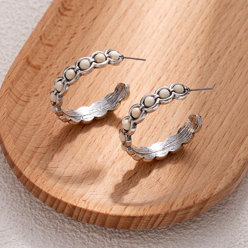 Literary Retro Turquoise Large Circle C-Shaped Earrings Women'S Bohemian Earrings High-End Niche Design Earrings