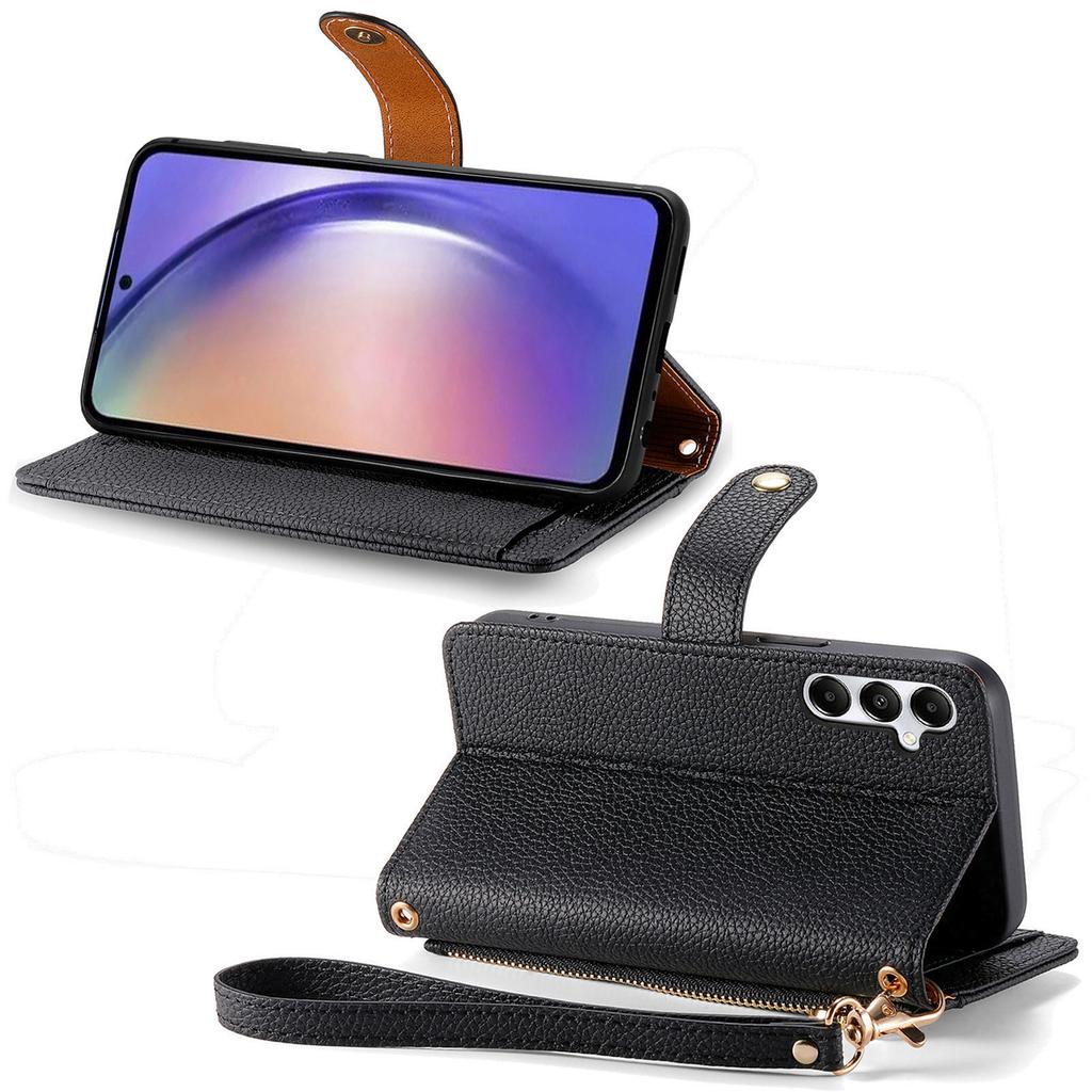 For Samsung Galaxy A55 5G Case Zipper Wallet PU Leather Phone Cover with Hand Strap