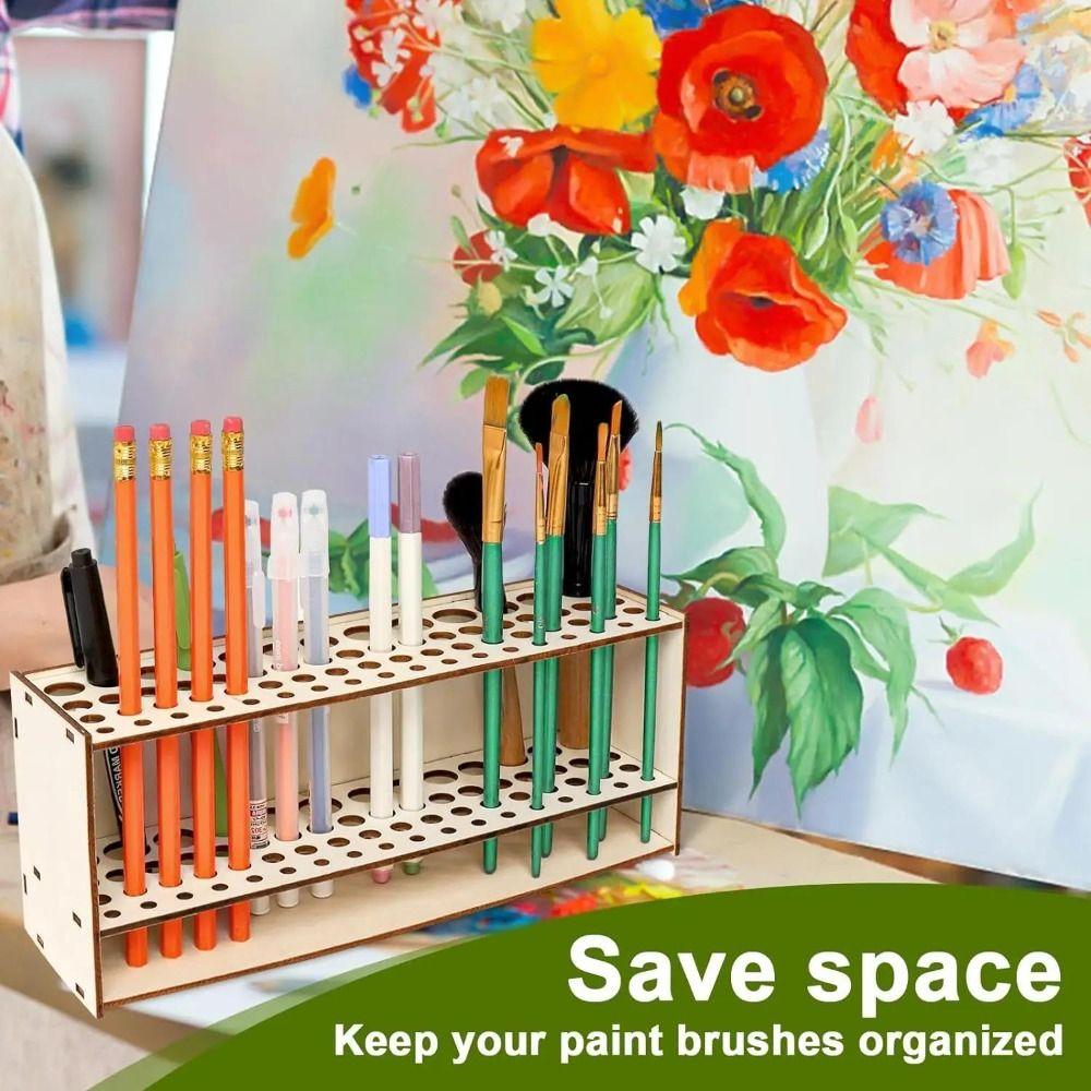 Wooden Frame Paint Brush Holder Multihole Makeup Brushes Shelf Simple Desk Organizer Household