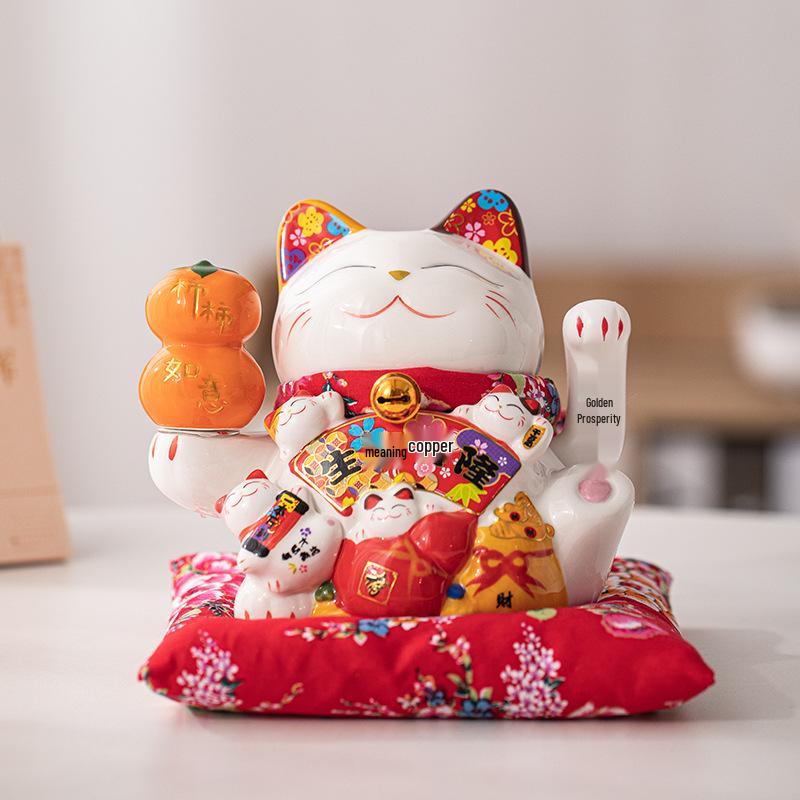 Electric Waving Lucky Cat Ceramic Ornament for Home, Living Room, Shop, or Cashier Desk.