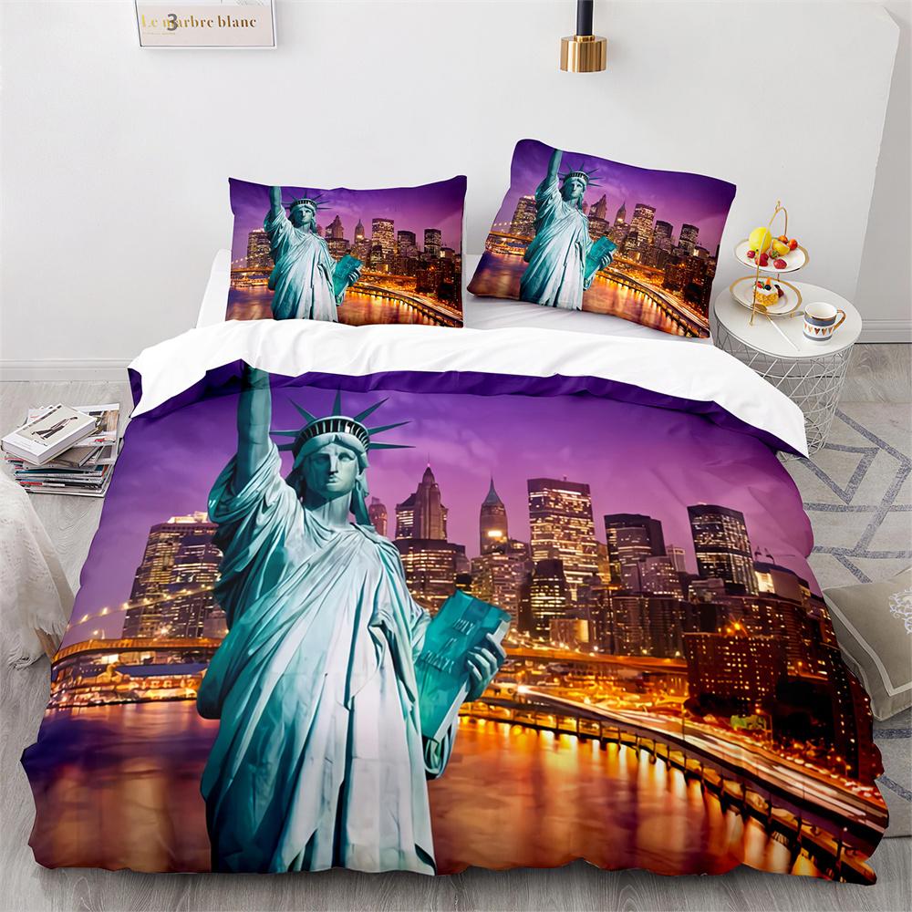 American City Landscape Duvet Cover Set Statue of Liberty Pattern King Queen Size Comforter Cover for Teen Polyester Bedding Set