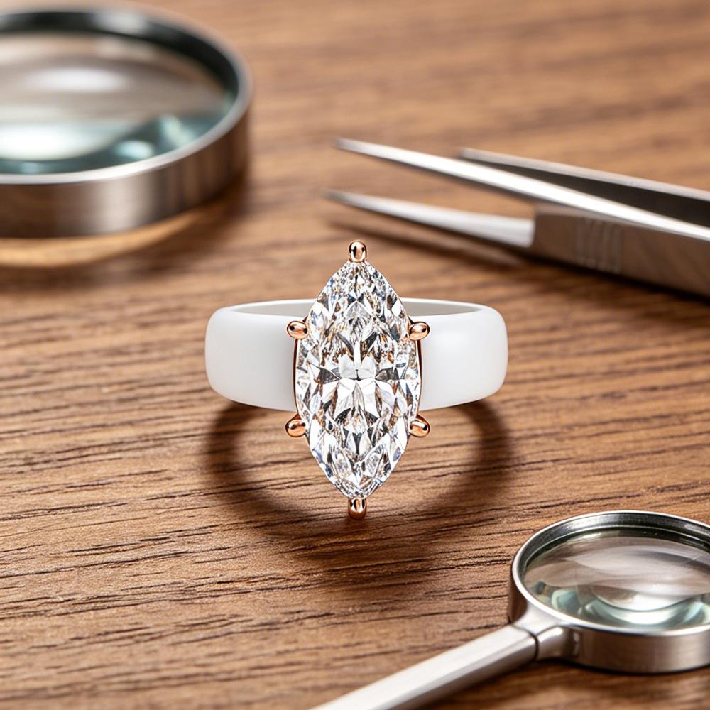 White Silicone CZ Ring for Women, Marquise Cut Cubic Zirconia with Rose Gold Prongs, Daily Wear Casual Fashion Jewelry Gift
