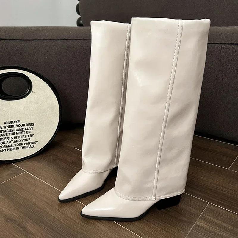 Fashion Women Chunky High Boots Pointed Toe Shoes Sexy Lady Dress Gladiator Autumn New 2024 Trend Retro Fad Woman Boots Goth Botas Mujer