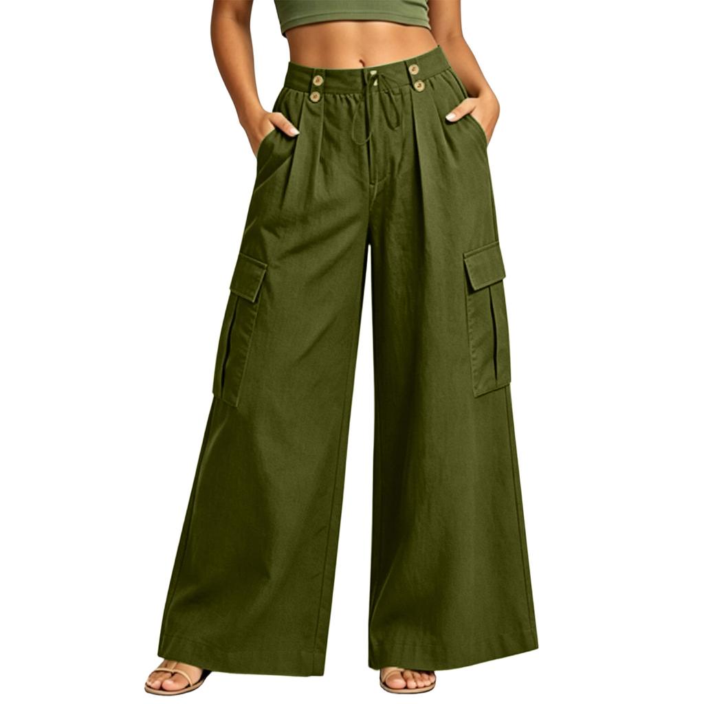 Women Wide Leg Cargo Pants High Waist Button Detail Loose Fit Casual Trousers with Side Pockets and Pleated Design