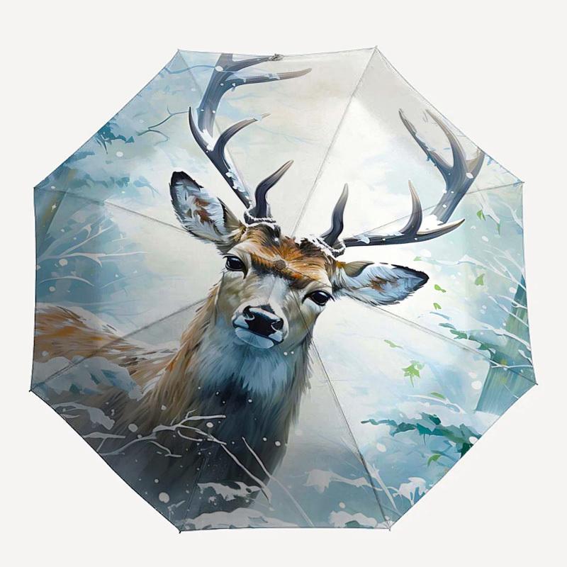 1pc Winter Wonderland Deer: Automatic Opening/Closing Umbrella with Foldable Design, Iron Frame for Outdoor Use, Festive Gift for Fans and Travelers.V