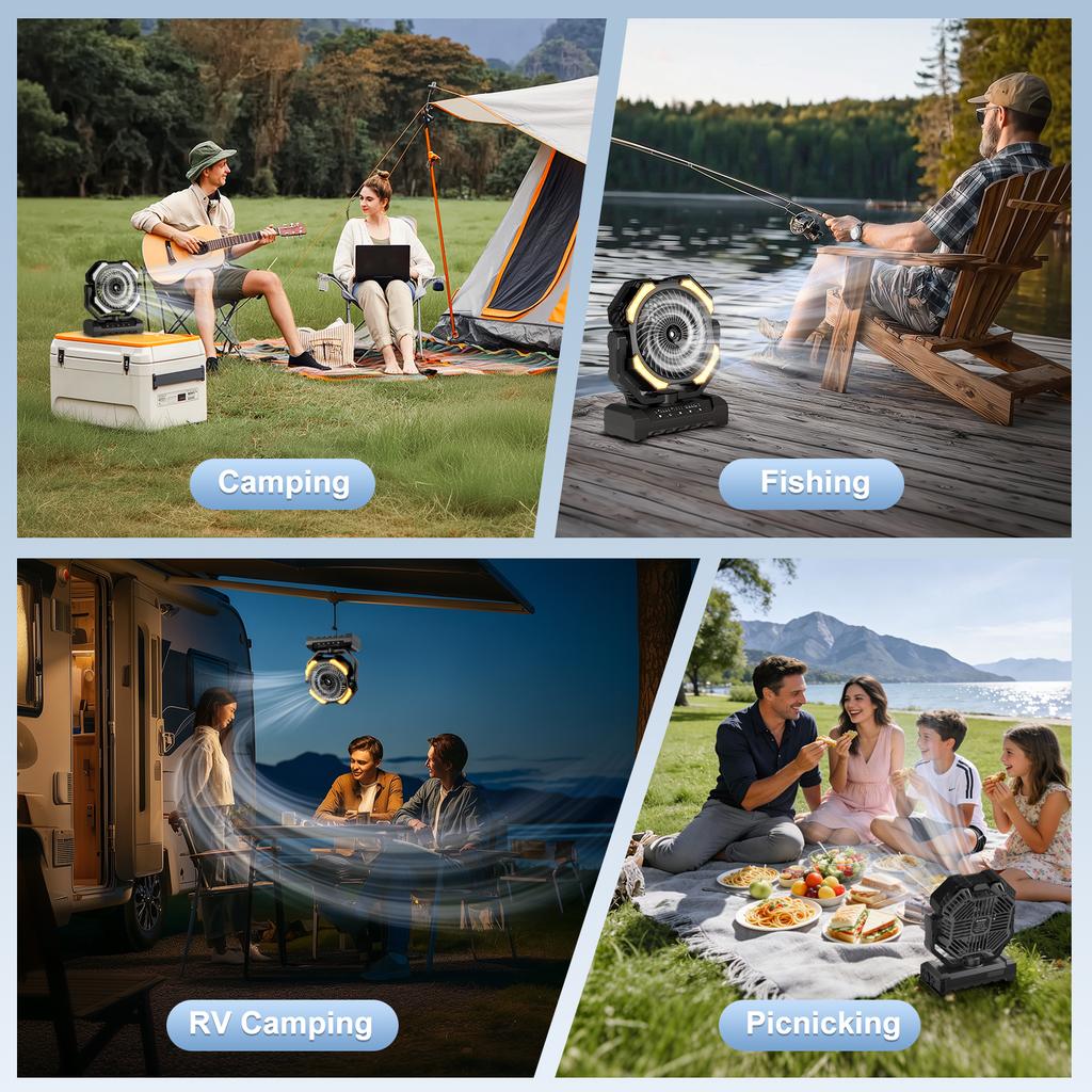 20000mAh Camping Fan Battery Operated Industrial Style Fan 4 LED & 4 Speeds Desk Fan Remote Rechargeable Outdoor Fans for Tent
