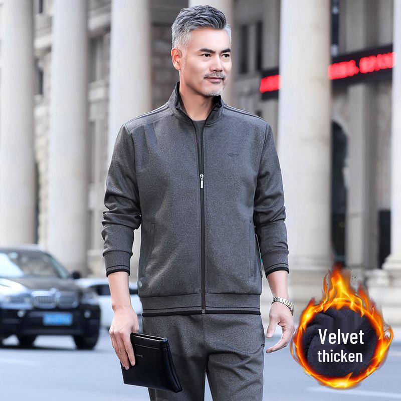 

Мужской зимний велюровый спортивный костюм большого размера, комплект из двух предметов - Повседневный наряд для среднего и пожилого возраста XXL темно-серого