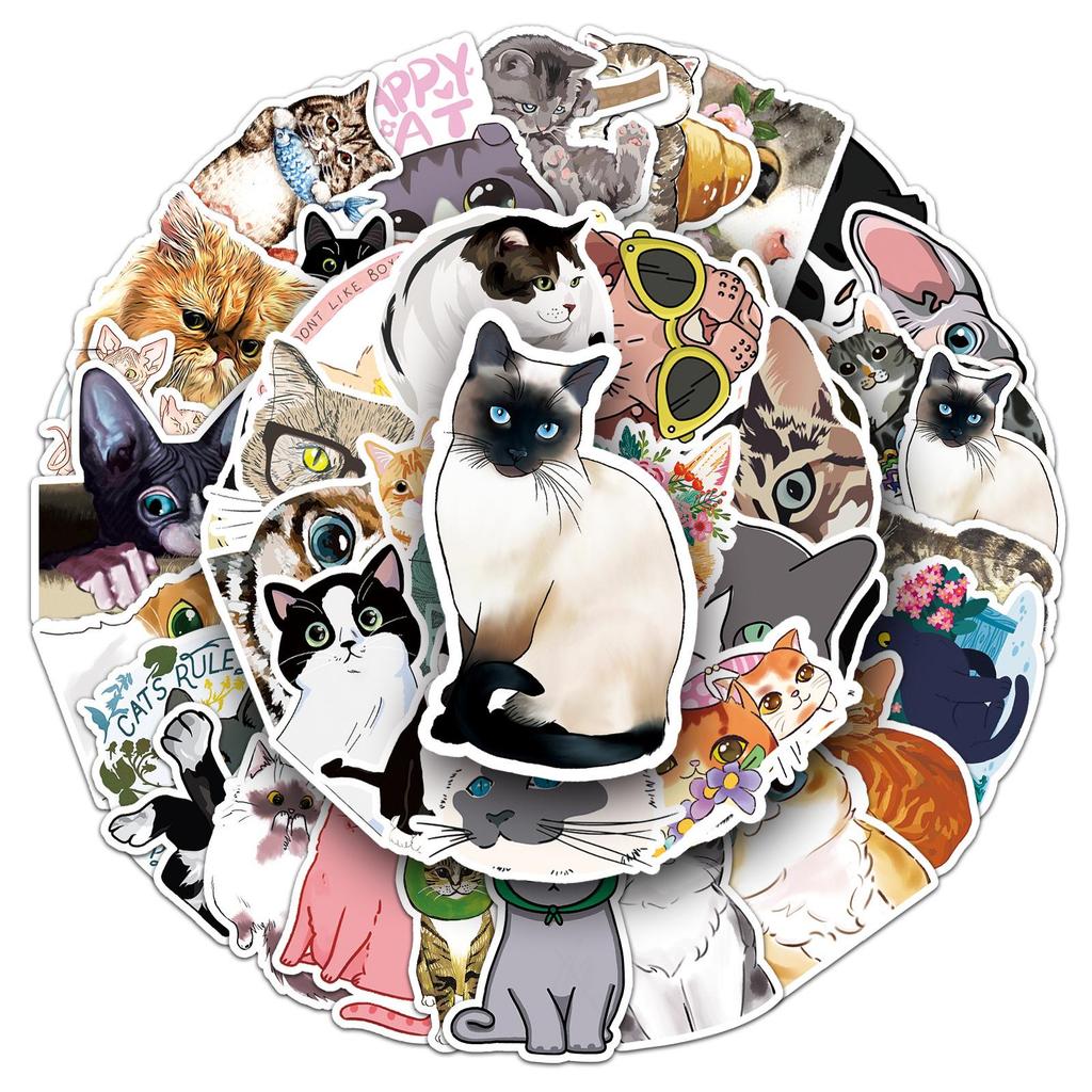 50 Cute Cat Waterproof Stickers for Laptop, Suitcase, Car, and Fridge Decoration