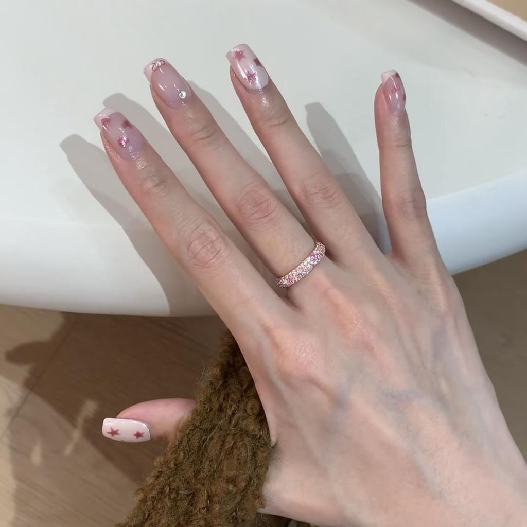 Rose Gold Gradual Change Peach Pink White Diamond Dense Inlaid Beads Stacked Ring Elegant Light Luxury High Sense Ring