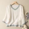 T-shirt Etniche Estive da Donna Ricamate in Cotone e Lino Top Camicie Casual Vintage Larghe Camicette da Donna