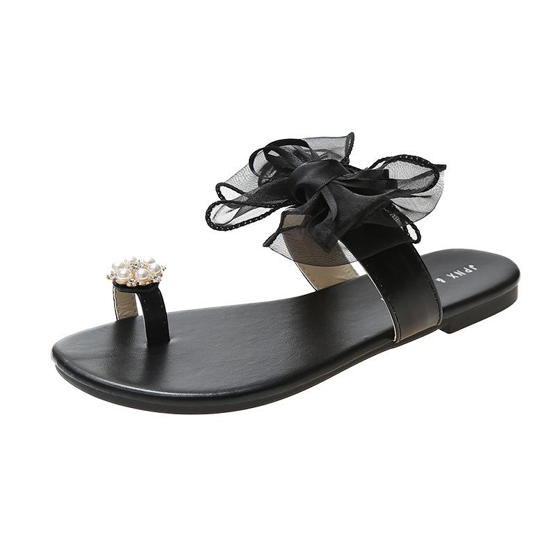 Shoes Women Slippers Casual Slides Butterfly -Knot Pantofle String Bead Low Soft Luxury Flat  Summer Basic Fabric Scandals H