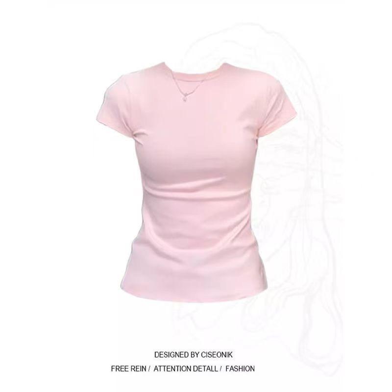 American front shoulder slim trendy top women's design sense niche new summer solid color fashion short-sleeved t-shirt