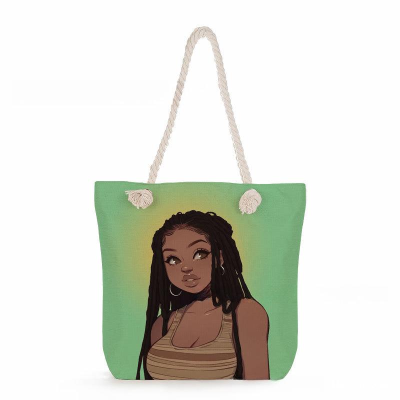 Black Girl Print Thick Rope Single-shoulder Beach Bag 7358