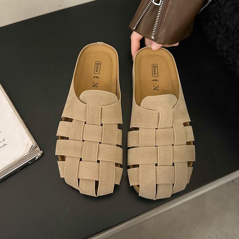 

Мягкая кожаная сумка голова тапочки женская верхняя одежда 2025 лето ретро плоская подошва дышащие плетеные сандалии ленивые один педаль мюли прилив 35