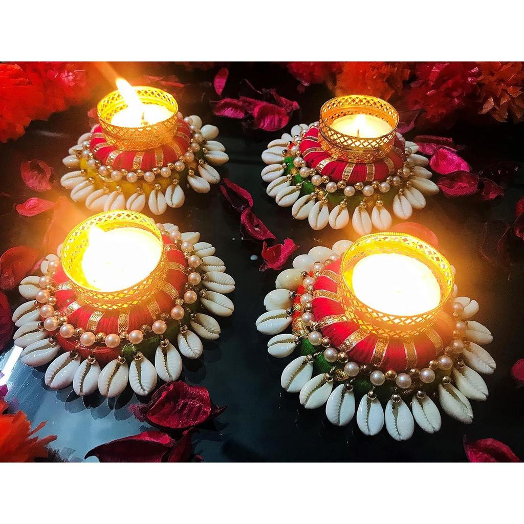 Handmade Metal Tea Light Candles Holder for Diwali Decorations - 4 Pcs Heavy Design Decorative Diya Tealight Candle Holder