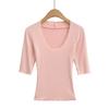 Women's Scoop Neck 3/4 Sleeve Slim Fit T Shirt Solid Color Basic Crop Top Casual Tee