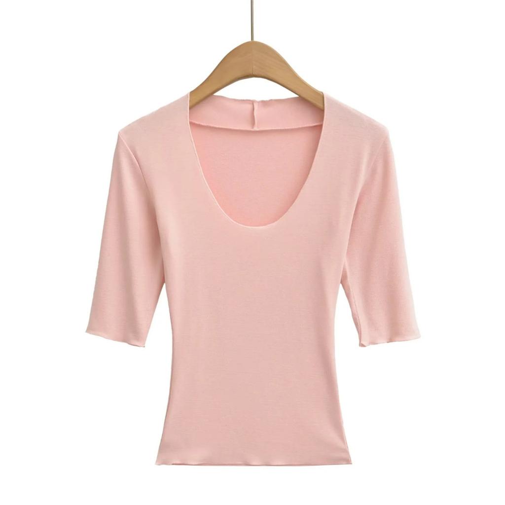 Women's Scoop Neck 3/4 Sleeve Slim Fit T Shirt Solid Color Basic Crop Top Casual Tee