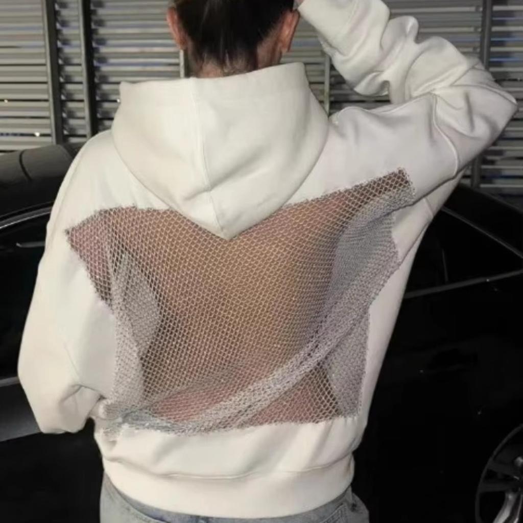 Felpa con cappuccio gotica americana sexy a rete traforata Y2K vestiti moda donna maglione pullover traslucido giacca casual a maniche lunghe