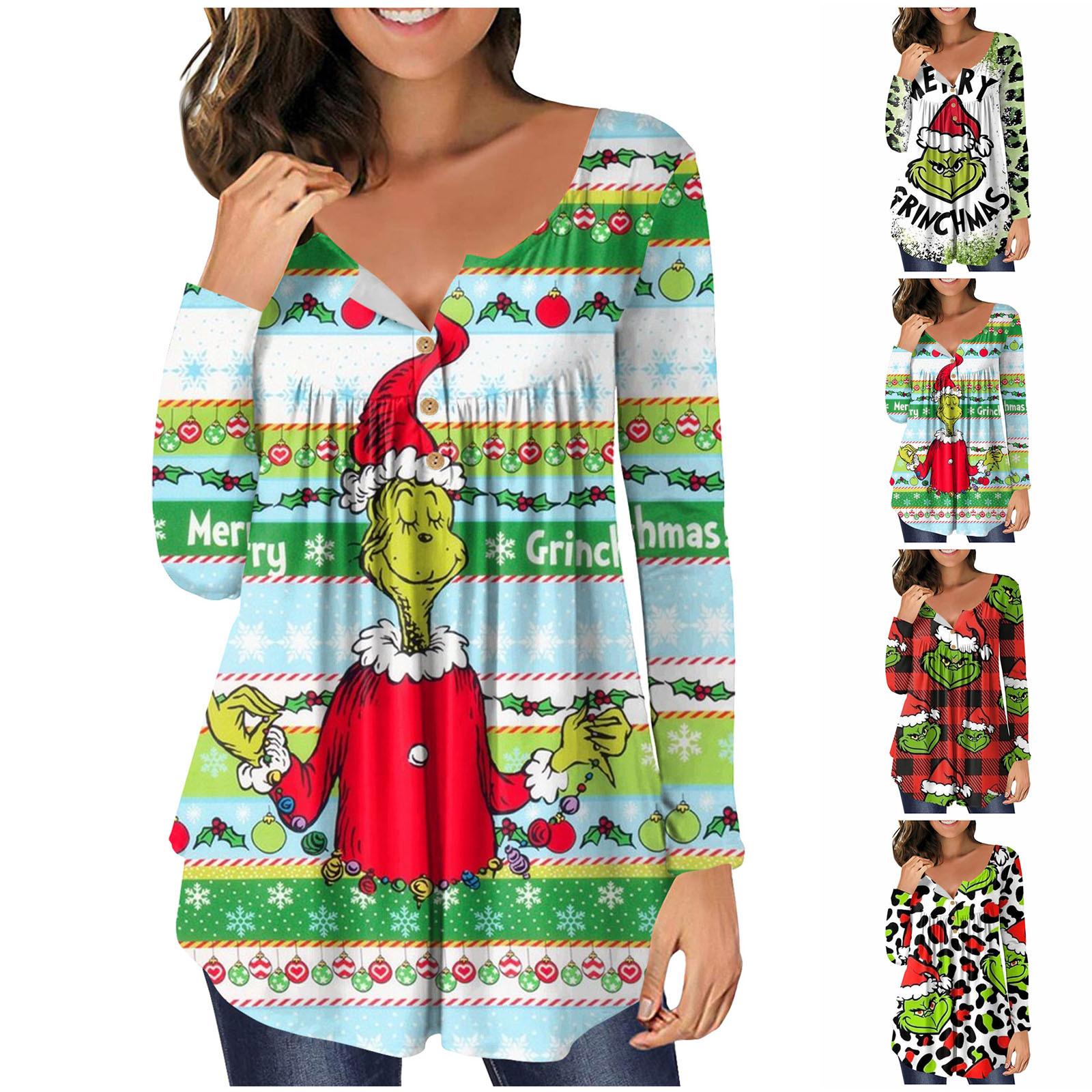 

Женская мода Рождественский принт на пуговицах с v-образным вырезом и длинным рукавом Повседневный топ