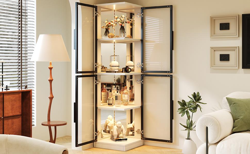 Vitrinen-Schrank mit Glas 44 × 42 × 164 cm, Spiegelrückwand, beidseitig verglast, LED-Beleuchtung Farbwechsel, Sammlerstücke, Bücher, Wein & Dekoration, Weiß