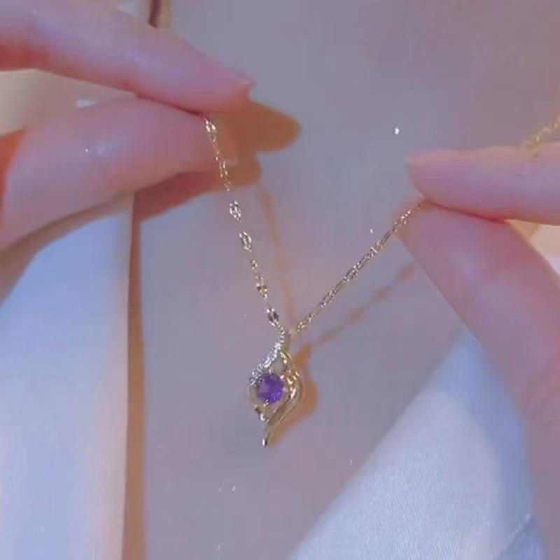 Ocean Heart Purple Diamond Gold Necklace Set - Elegant Micro-Inlaid Luxury Design for Women