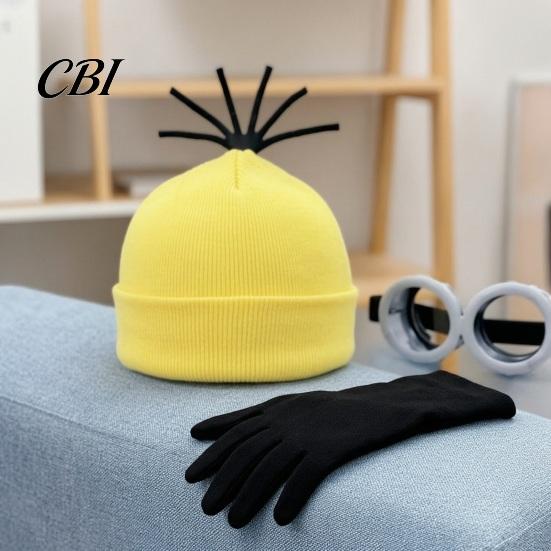 Adjustable Elastic Goggles 3Pcs Halloween Costume Accessories, Yellow Knitted Hat Steampunk Retro Style Gloves Adults Cosplay Party Set for Men Women