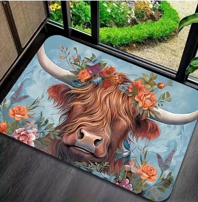 Eine ländliche Blume Hochlandkuh Muster Fußmatte mit Innen-Außen-Eingangsmatten Küche Wäsche Badezimmer Fußmatte Dekoration