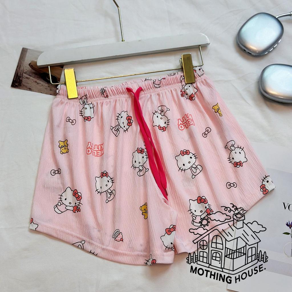 Letnie Spodnie Piżamowe Hello Kitty w Koreańskim Stylu dla Kobiet - Urocze, Luźne i Nadające Się do Noszenia na Zewnątrz.