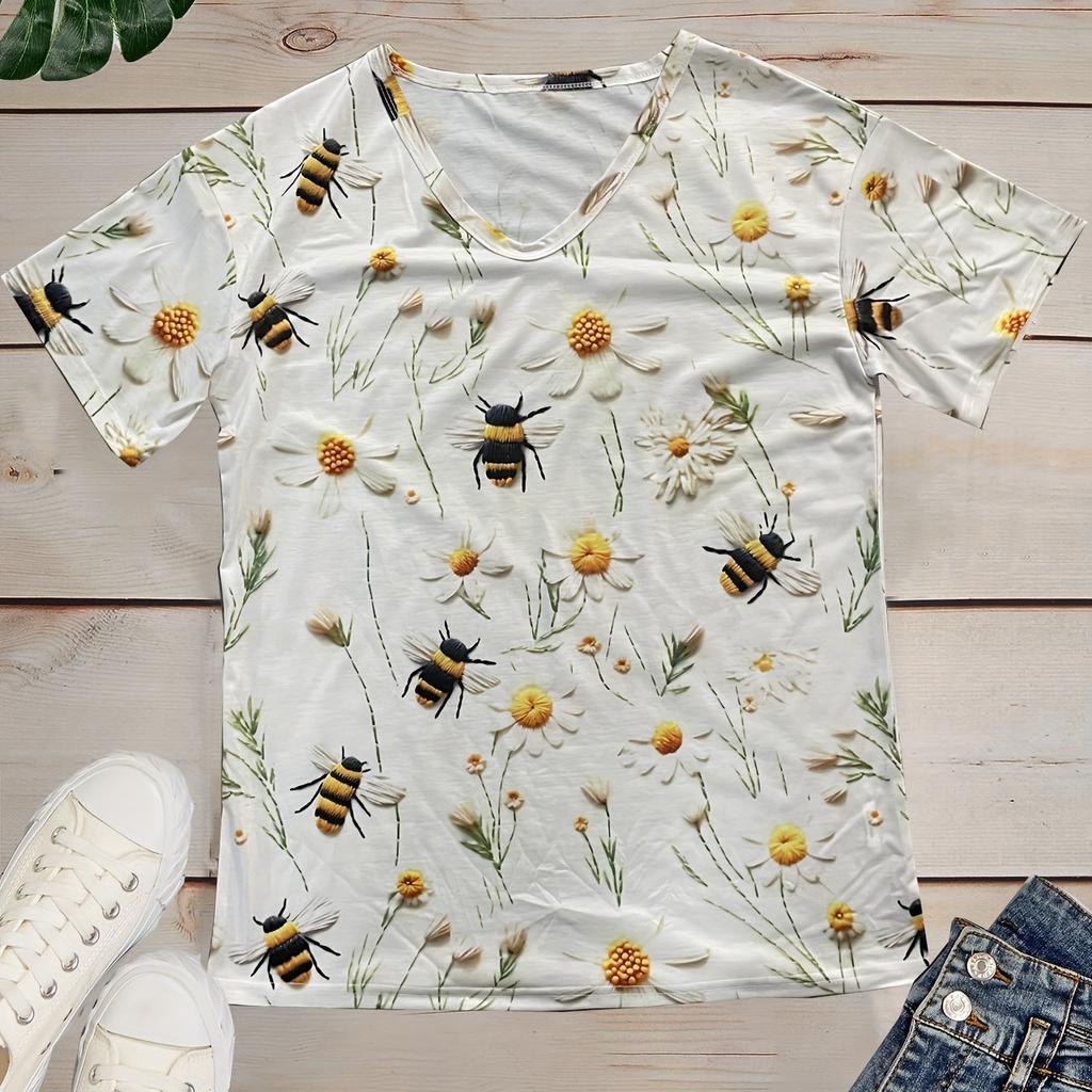 Floral Print V Neck T-shirt, Casual Short Sleeve Top For Spring & Summer, Women's Clothing