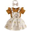 Girls Short Sleeve Crotch Bodysuit and Suspenders Skirt Set with Headband - 3 Piece Baby Toddler Outfit