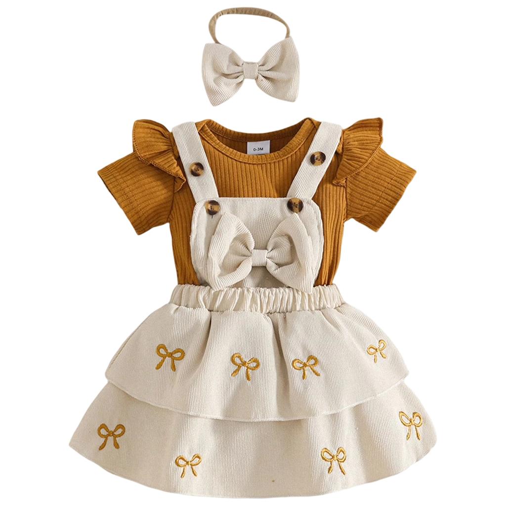 Girls Short Sleeve Crotch Bodysuit and Suspenders Skirt Set with Headband - 3 Piece Baby Toddler Outfit