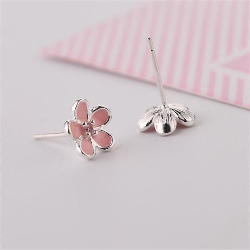 New Arrival Cute Temperament Literary Flower 925 Sterling Silver Jewelry Pink Epoxy Crystal Sweet Stud Earrings E177