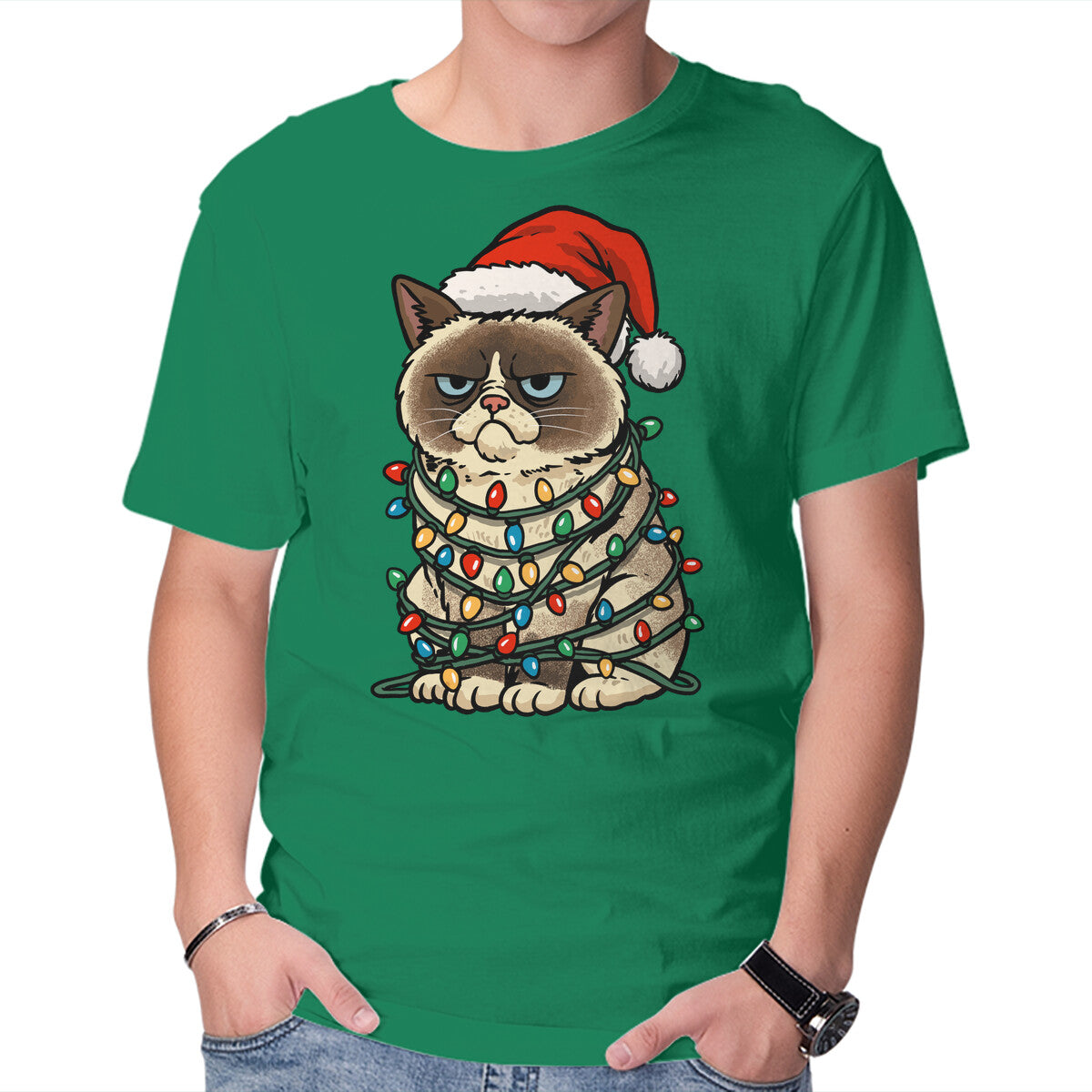 Unisex Crew Neck T-Shirt Jolly Christmas Cat Graphic Short Sleeve Casual Tee XXXXL