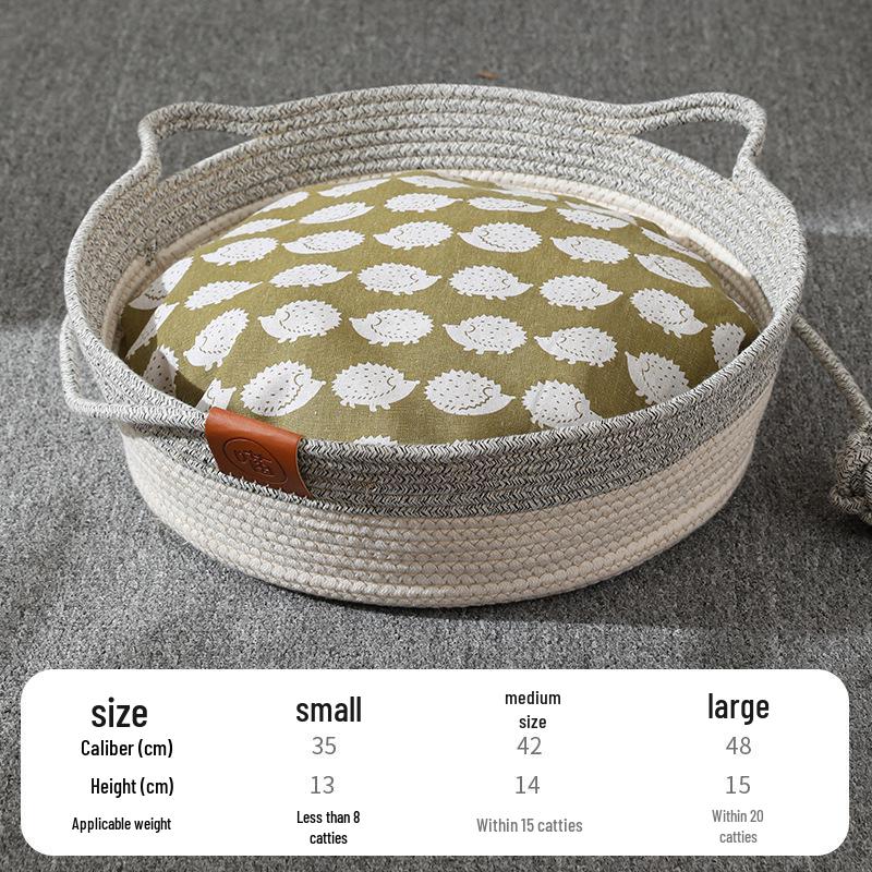 Hand-Woven Round Rattan Pet Bed - Japanese Cattail Cool Mat for Cats and Dogs