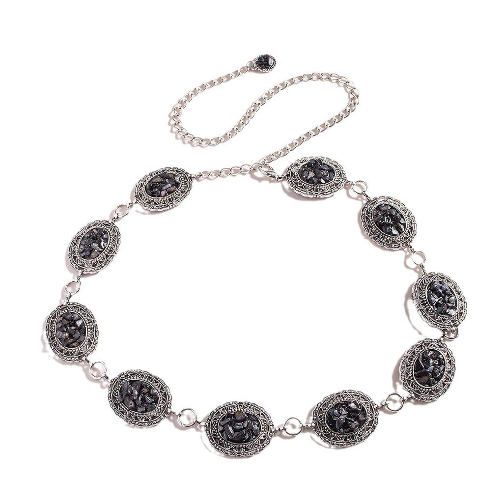 Spring Heavy Industry Retro Engraving Hollow Palace Style Turquoise Metal Women's Waist Chain Belt