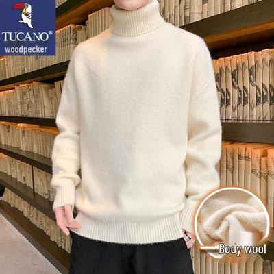Woodpecker Men's Velvet Knit Sweater: Autumn/Winter Thick Solid Color Warm Base Layer
