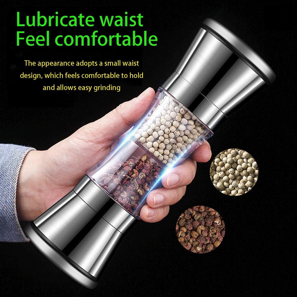 2-in-1 Adjustable Pepper Salt Grinder - Rustproof Stainless Steel Manual Mill with Double Heads & Coarseness Control