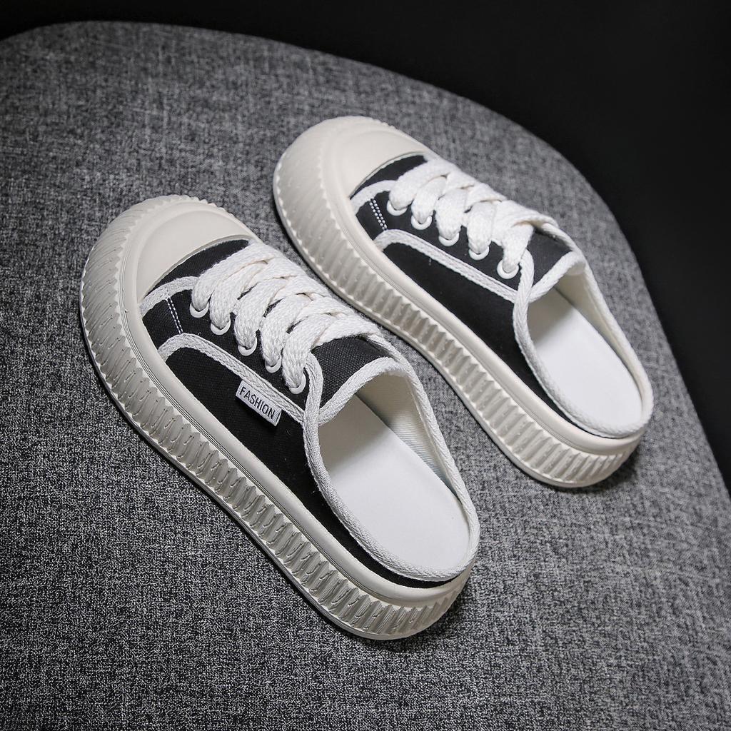 Half Dragged White Shoes for Women Breathable and Casual Canvas Shoes