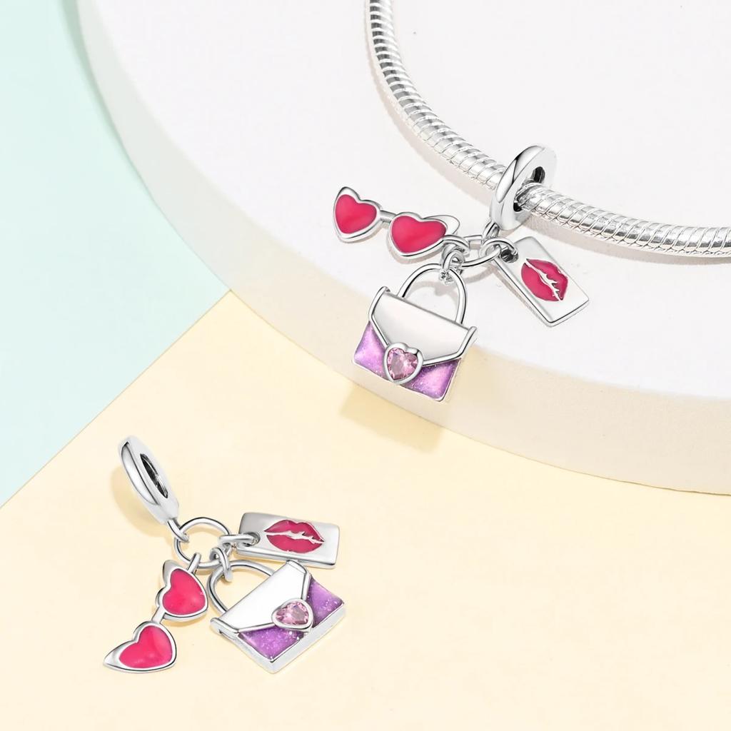 Charm Plata Pink Heart-Shaped Glasses Bag Bead Fits Genuine Bracelet Charm For Women Jewellery Do-It-Yourself Crafting Gift