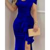 Women's Blue Off-Shoulder Ruffle Dress, Elegant Asymmetric Slit Midi Gown for Sexy Evening Occasions