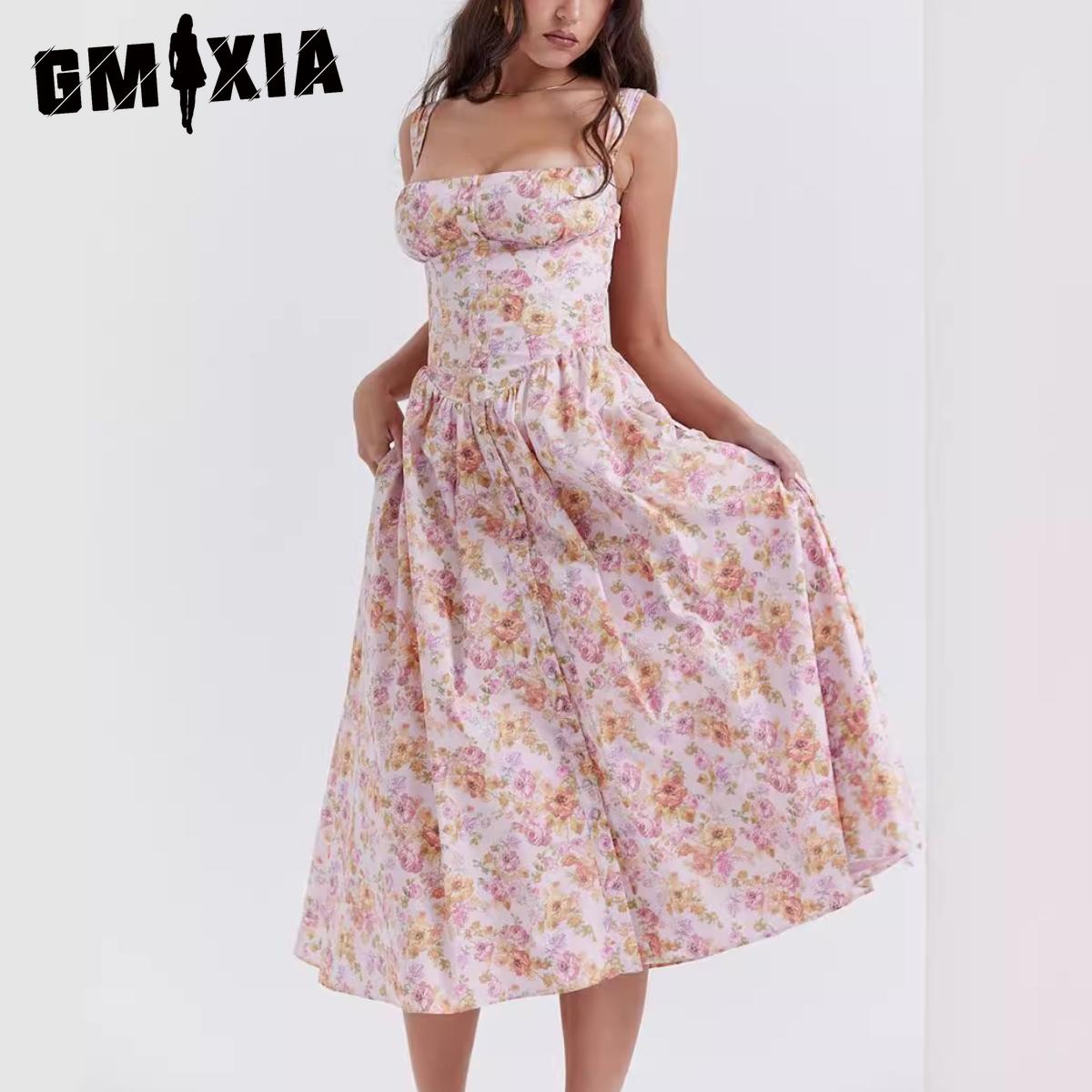

GMXIA Весна-лето Женское Платье с Завязками На Грудь Небольшой Цветочный Принт Длинная Юбка S