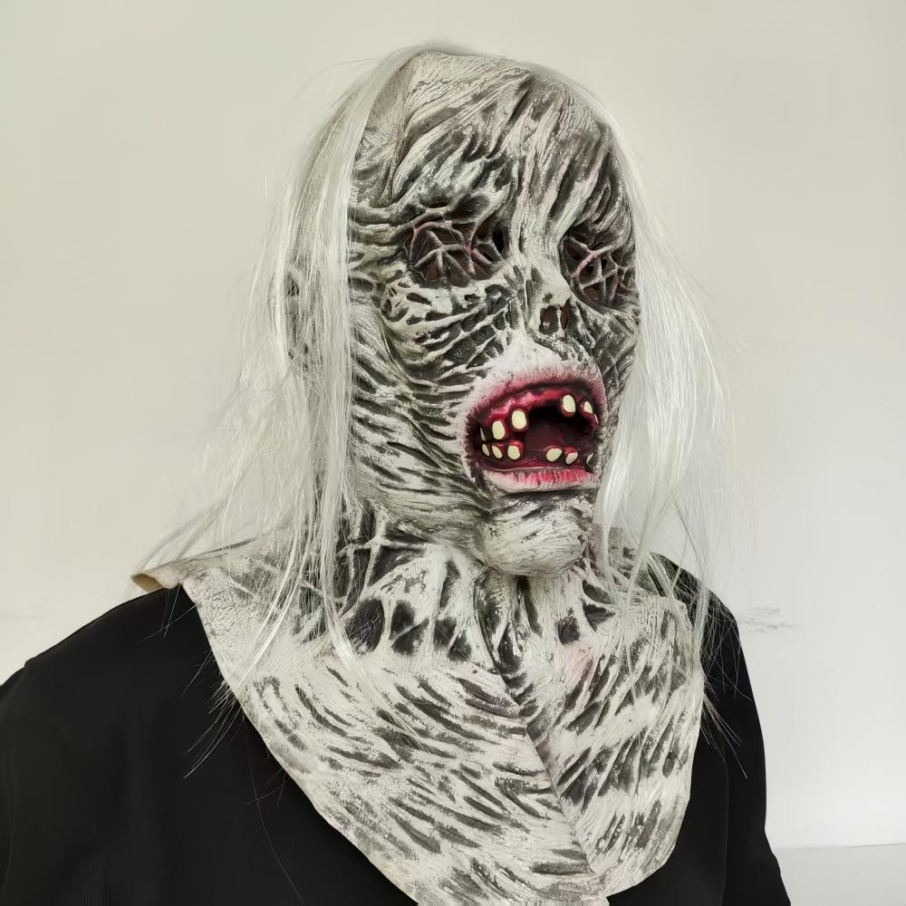 White Hair Rotten Eye Mask Halloween Haunted House Secret Room Dress Up Props White Hair Witch Hood Latex Grimace Mask New