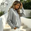 Daily Wear Hoodie Women Knit for Fall Winter, Long Sleeve Pullover Sweater Cozy Autumn Outerwear with Front Pocket, Solid Color Casual Hooded Top