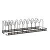 Extendable frying pan rack with 7 compartments, perfect for storing pans, pots, lids, and cutting boards.