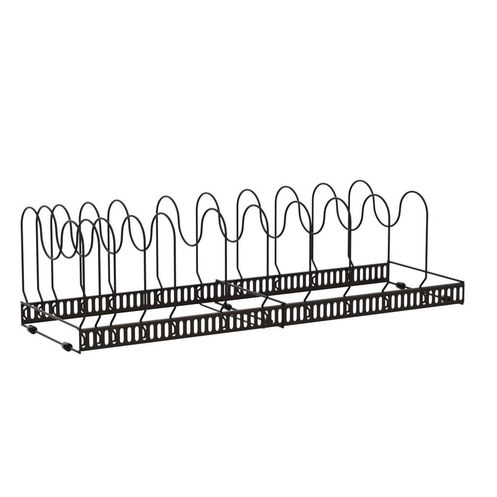 Extendable frying pan rack with 7 compartments, perfect for storing pans, pots, lids, and cutting boards.